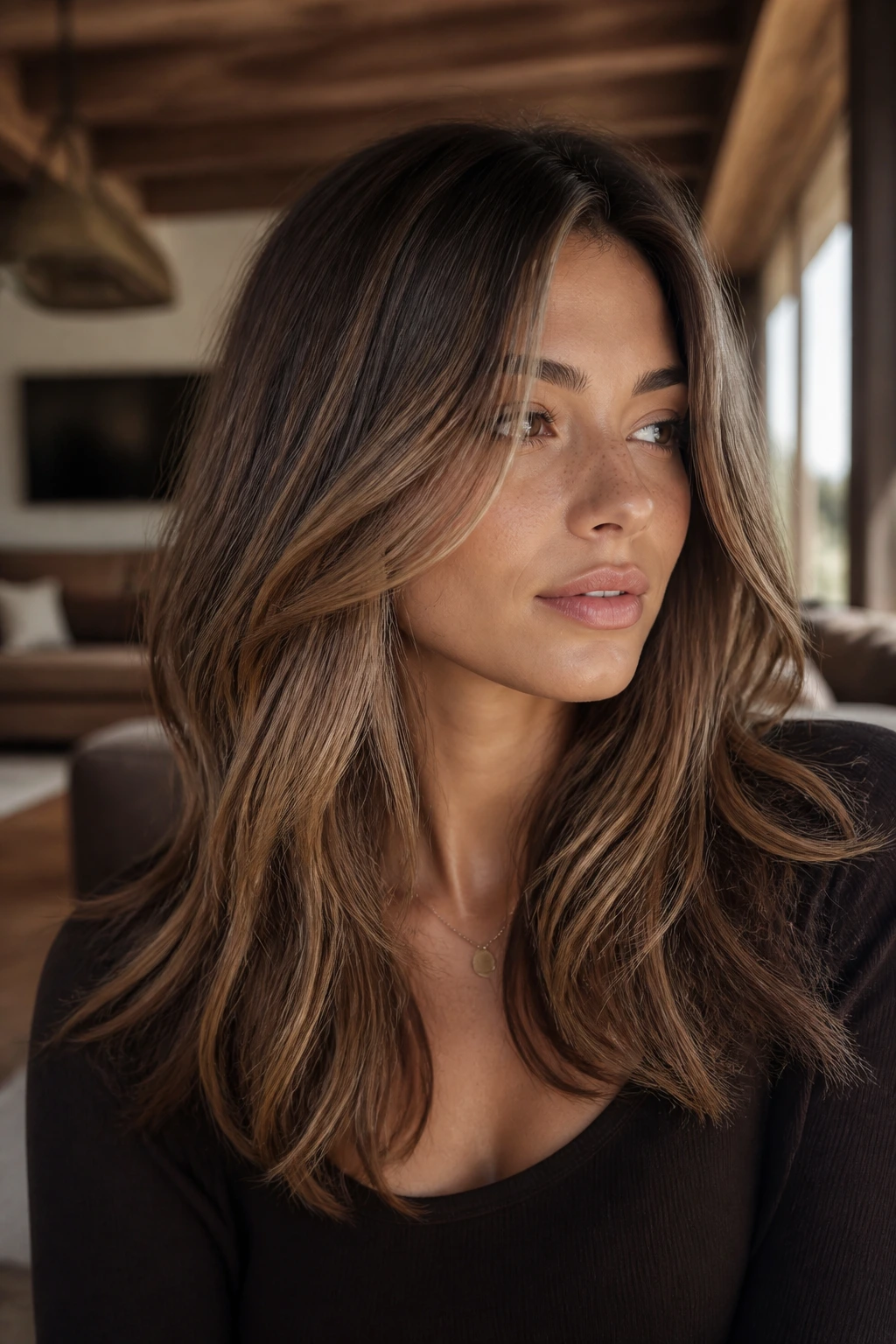 Close up portrait of a real woman with maple biscotti balayage on brunette hair