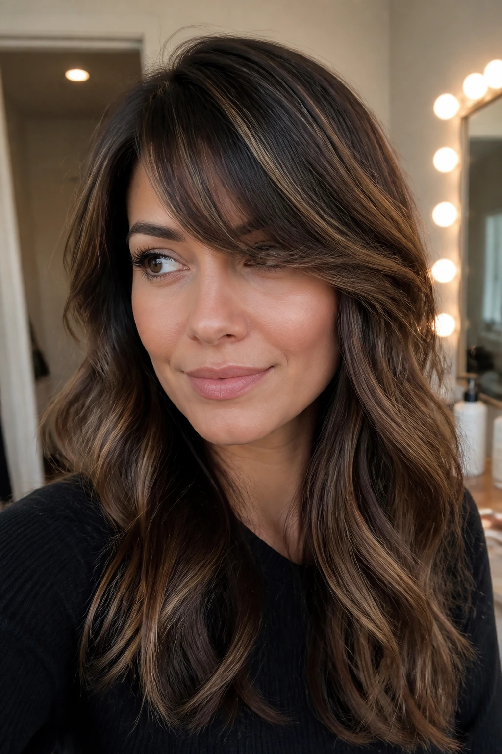 Close-up of a real woman with maple biscuit highlights feathered through the top and side-swept bangs