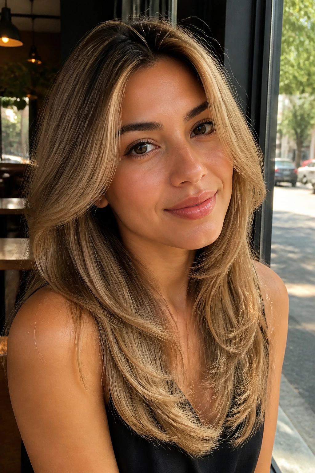 Portrait of a real woman with maple blonde butterfly cut on olive skin in sunlit cafe light.