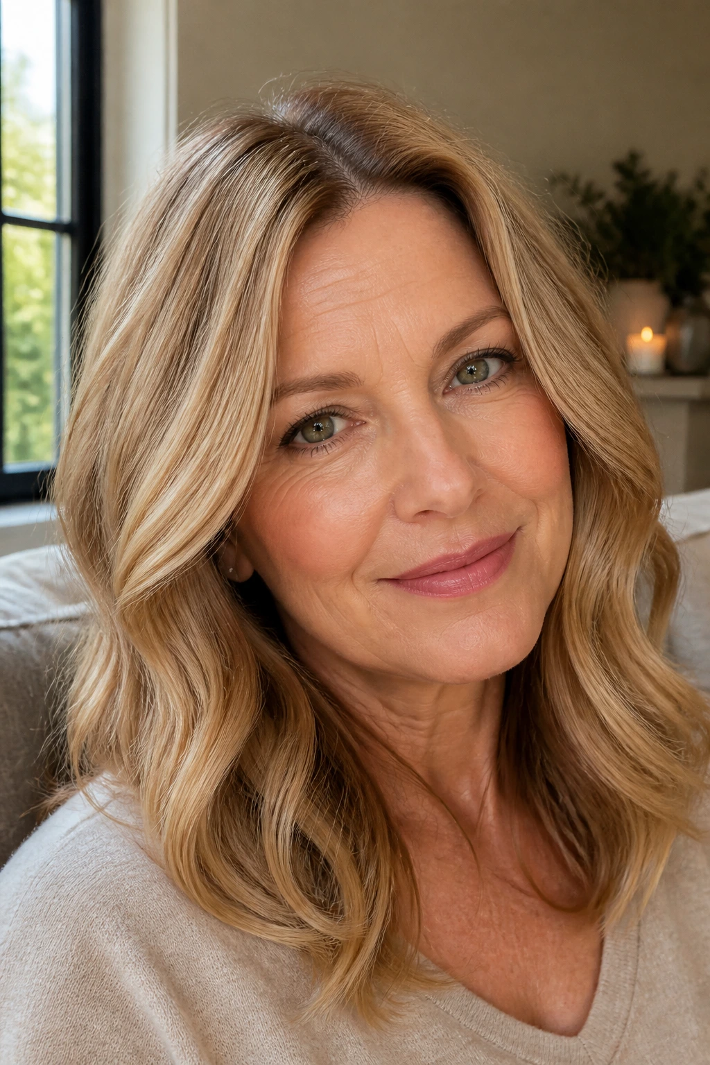 Close-up portrait of a real woman with maple blonde hair under warm window light.