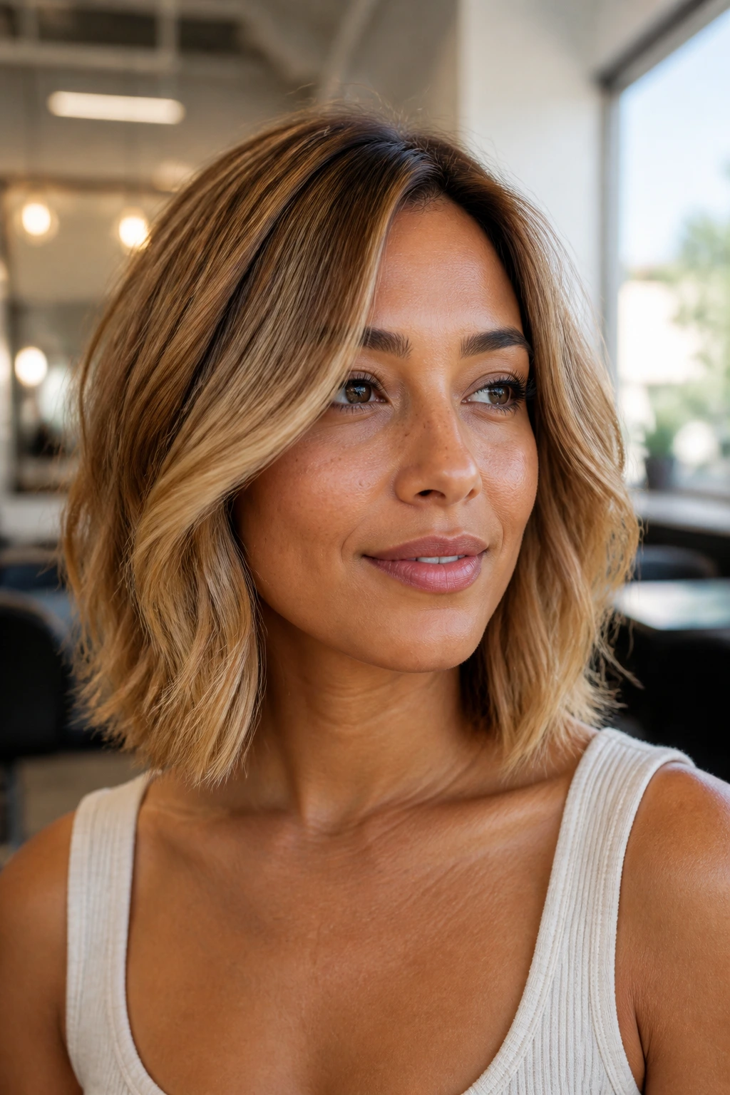 Portrait of a real woman with maple blonde collarbone bob.