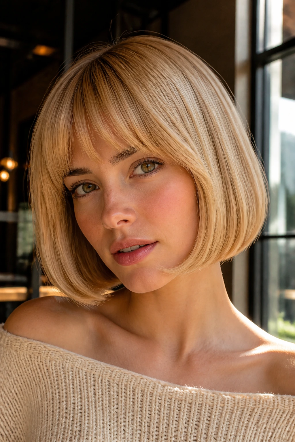 Close-up of a real woman with Maple Blonde French Bob, warm cheekbone-length cut.