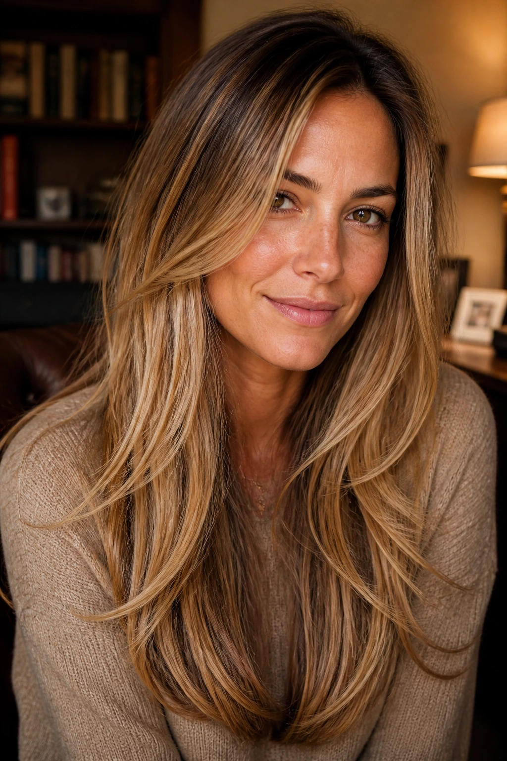 Close-up of maple blonde long layers with darker roots on a real woman in warm indoor light.