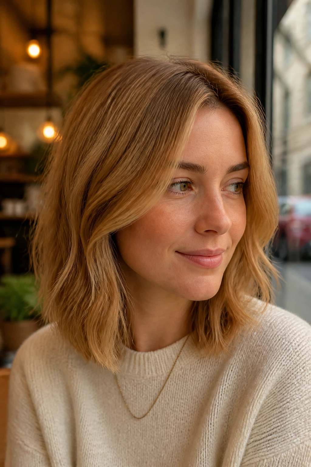 Close-up of real woman with maple blonde midi cut in cafe light