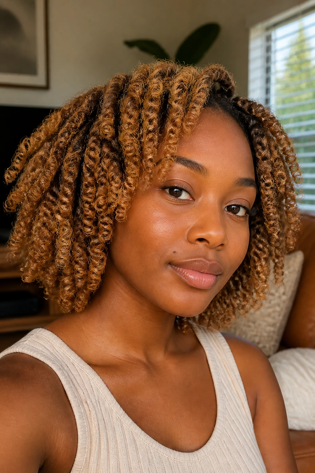 Close-up portrait of a real woman with a maple blonde twist-out.
