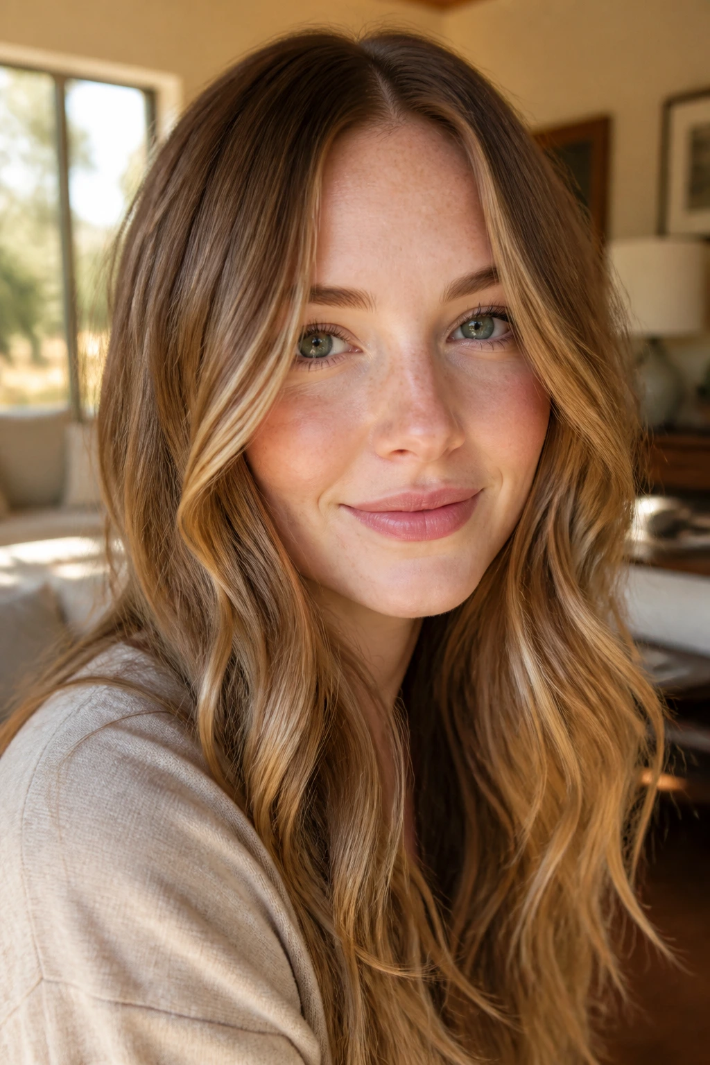 Close-up portrait of a real person with maple-gold balayage on hair