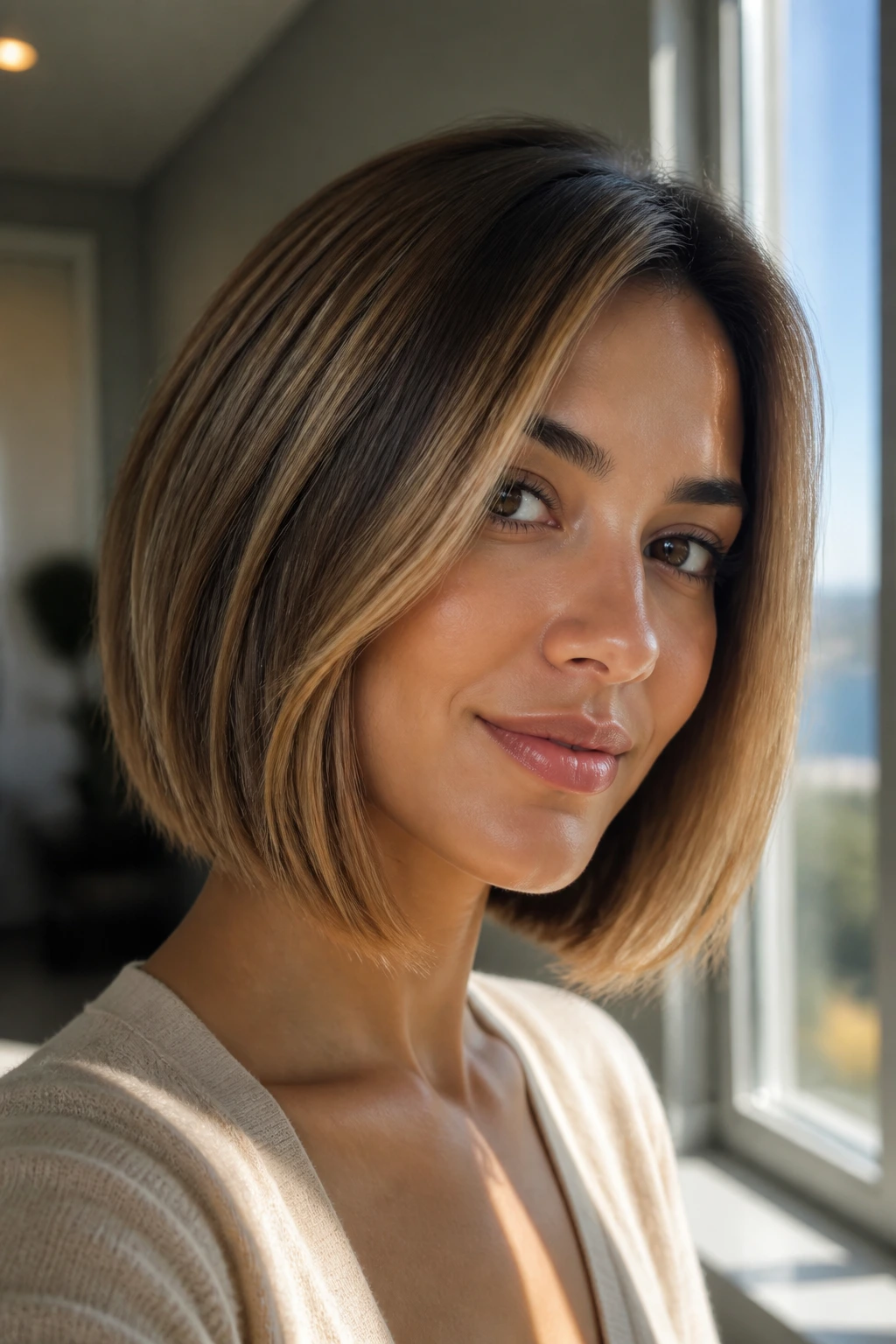 Close-up of maple bronde bob on olive-skinned woman
