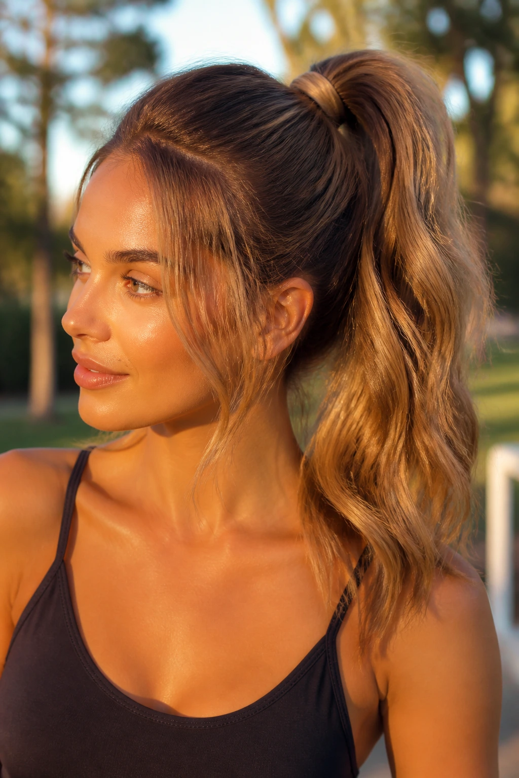 Close-up of real woman with maple bronde high ponytail in golden hour light
