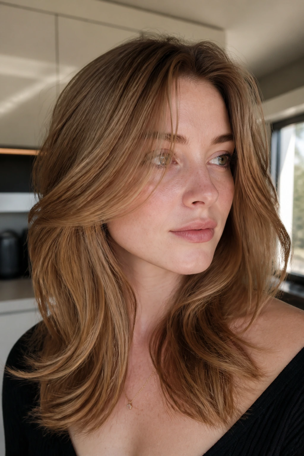 Real woman with maple bronde hair in sunlit kitchen
