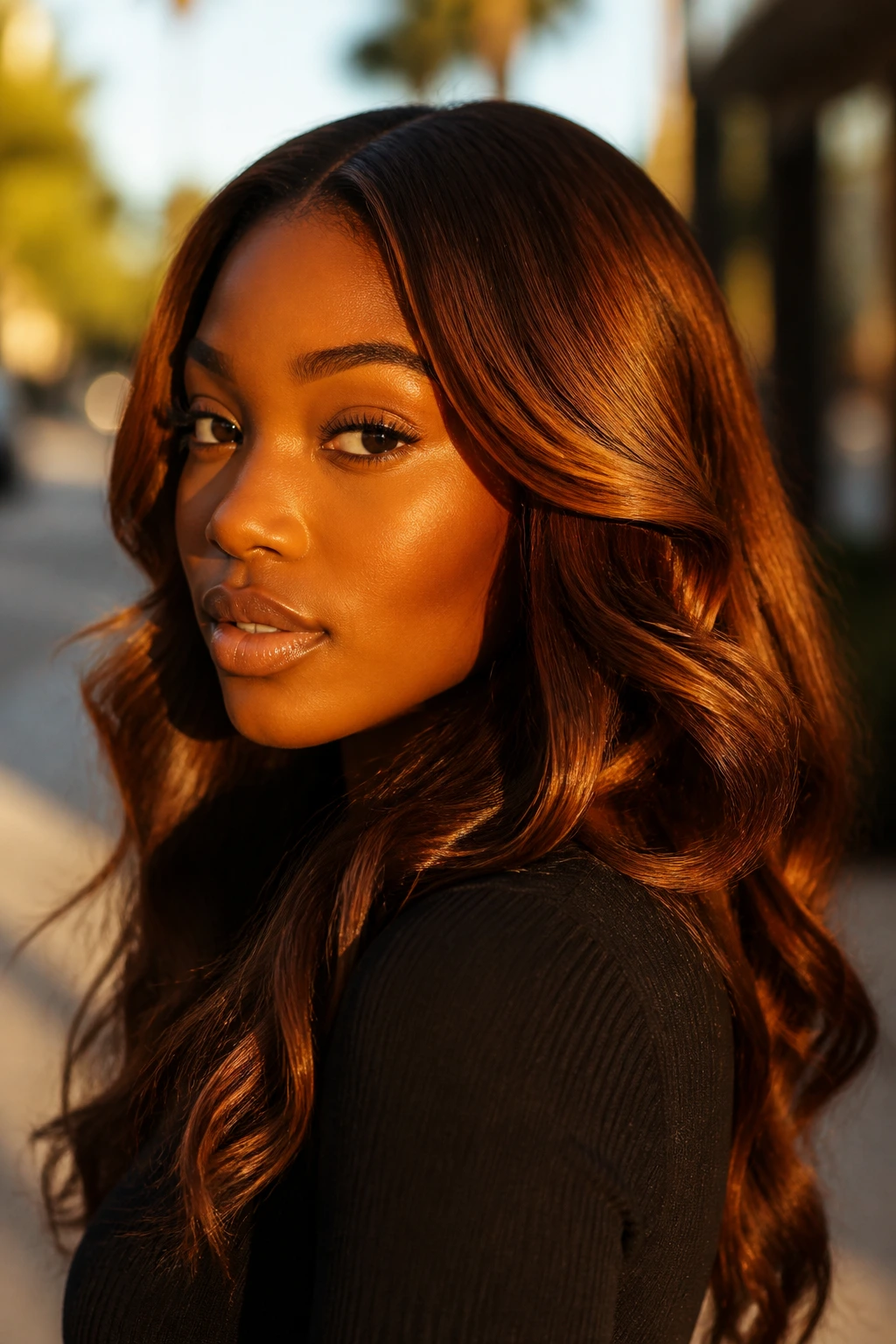 Close-up portrait of a person with maple brown hair under amber sunset light