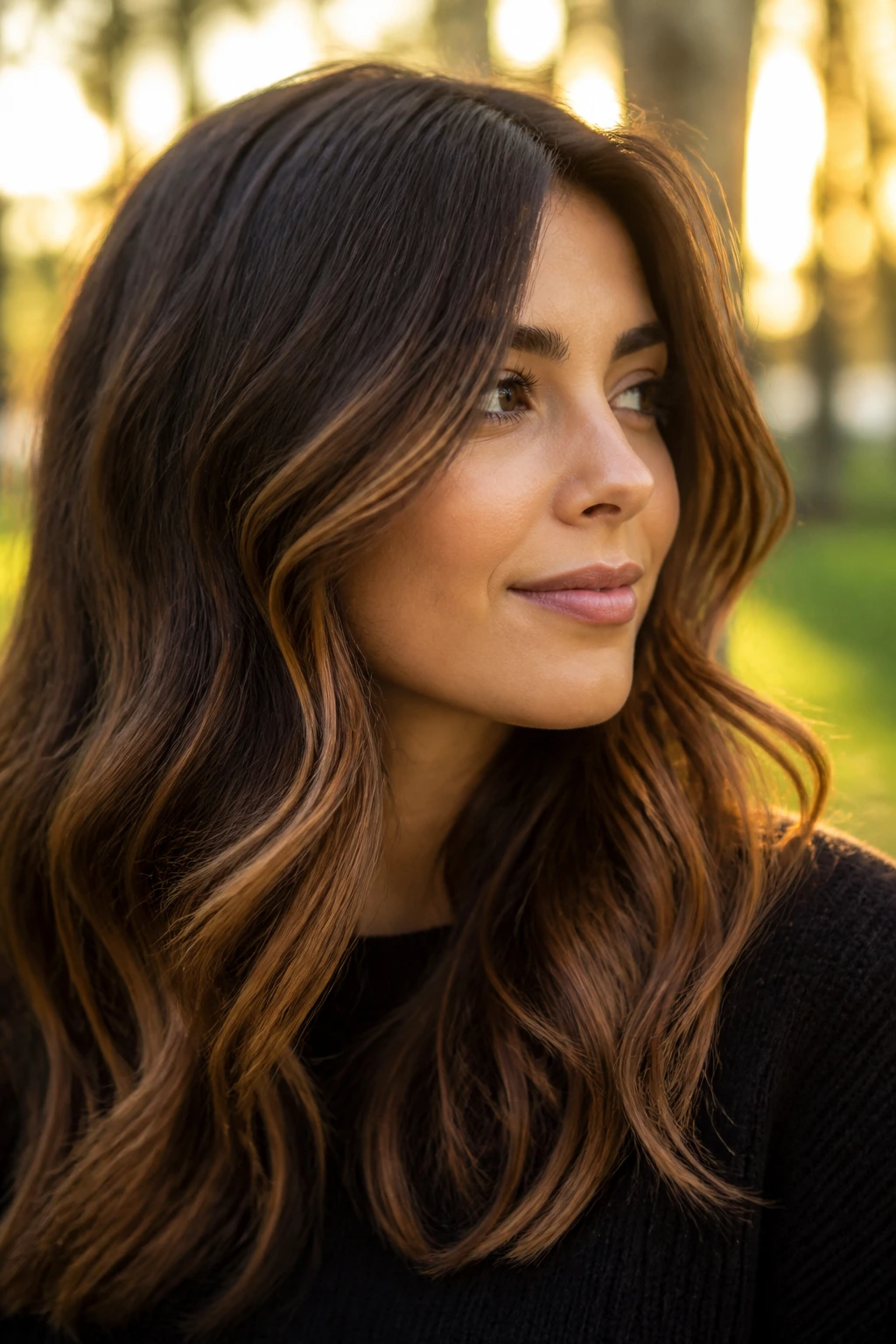 Close-up portrait of a real woman with maple brown balayage hair
