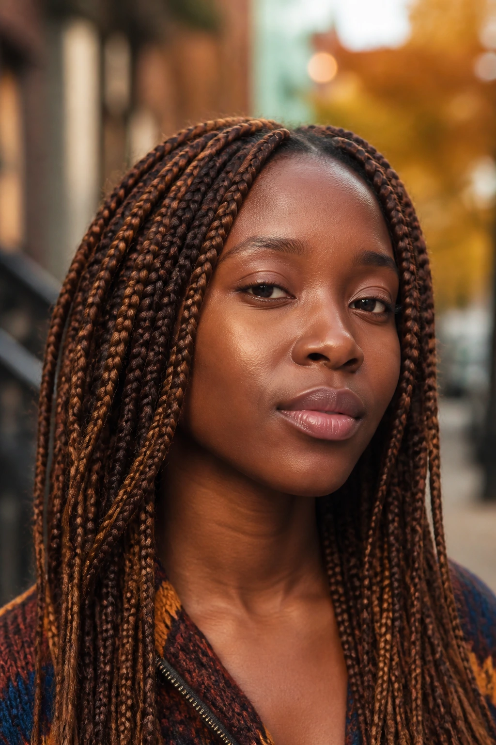 Portrait of maple brown box braids on a real woman