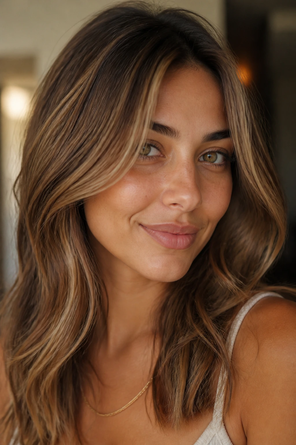 Close-up of a real woman with maple brown hair and champagne threads on olive skin in warm daylight