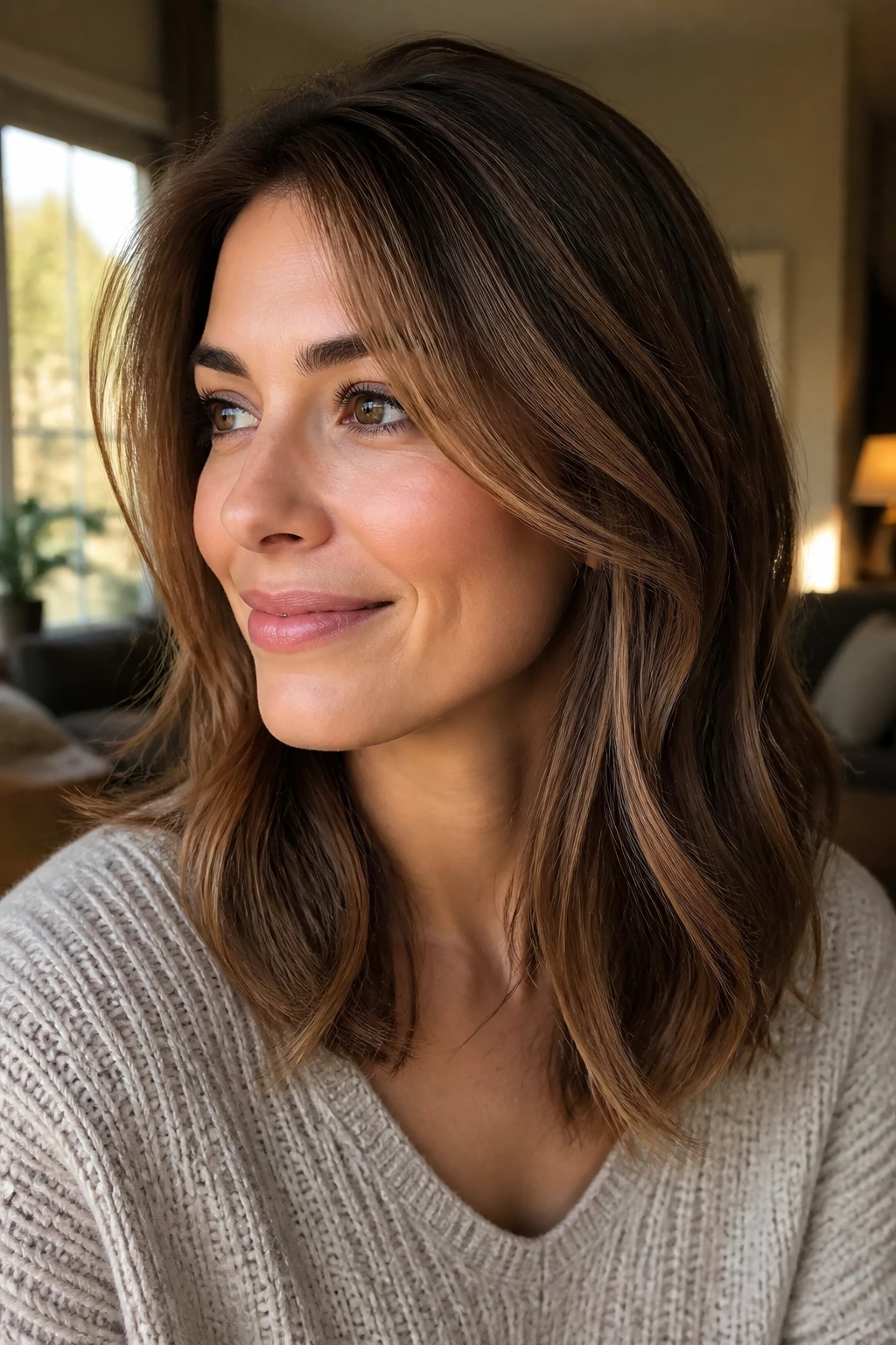 Close-up portrait of a real person with face-framing maple brown contour along hairline.