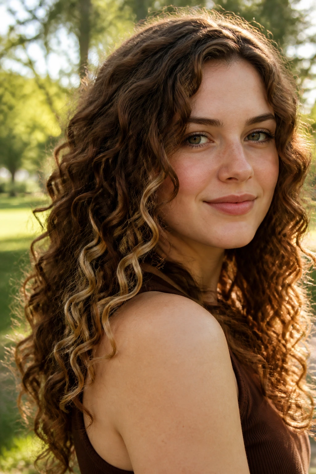 Close-up portrait of a real woman with maple brown curls and wheat blonde peekaboo lights in natural light