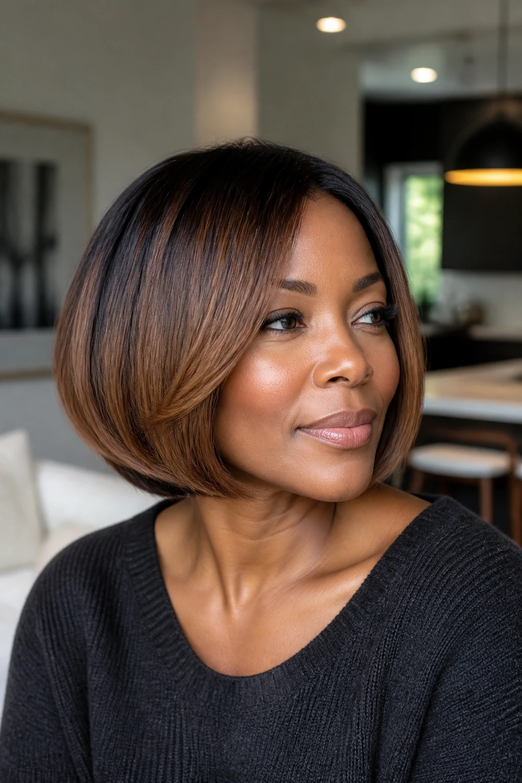Portrait of a real woman with maple brown on a curved bob