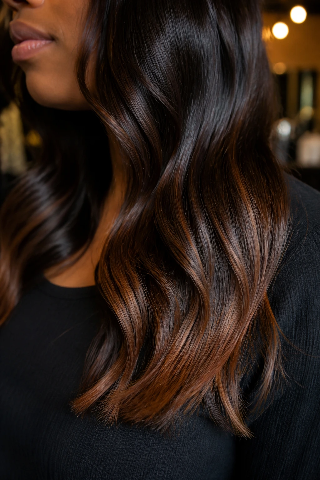 Close-up of a real woman's hair showing maple brown ends on the lower lengths
