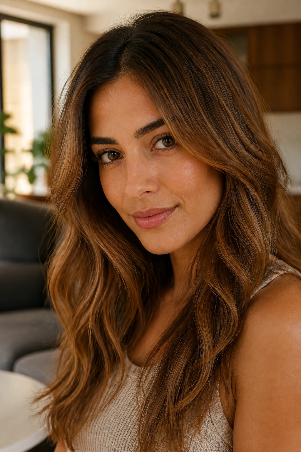 Close-up portrait of a real woman with maple brown gloss and subtle warmth in soft indoor light