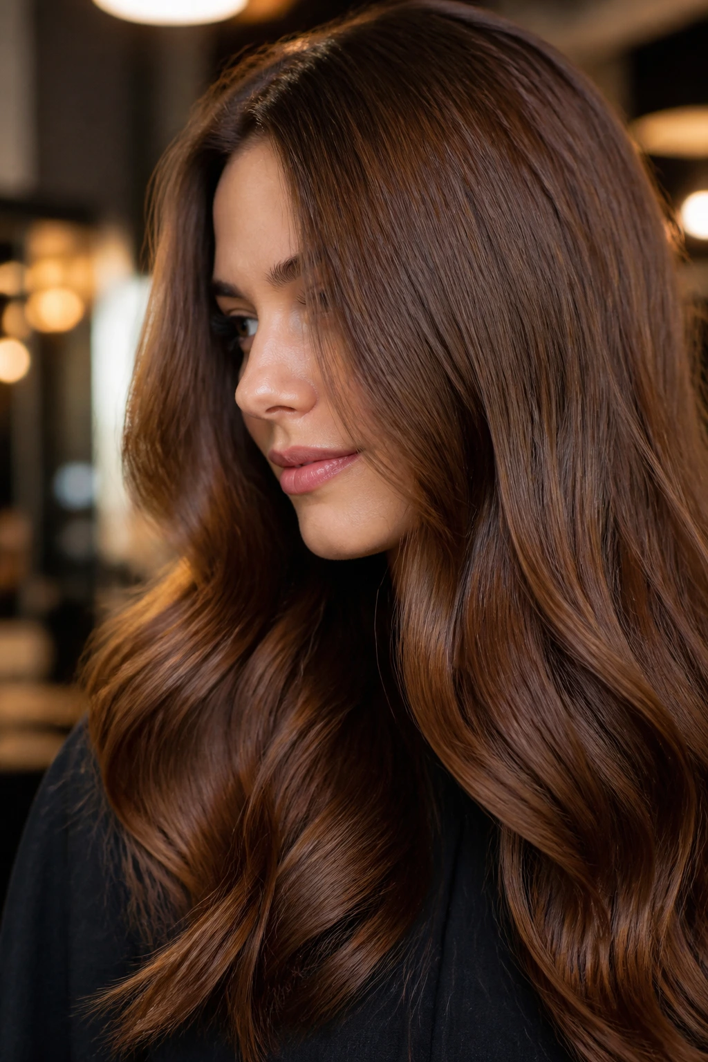 Close-up portrait of a real woman with maple brown gloss on brunette hair