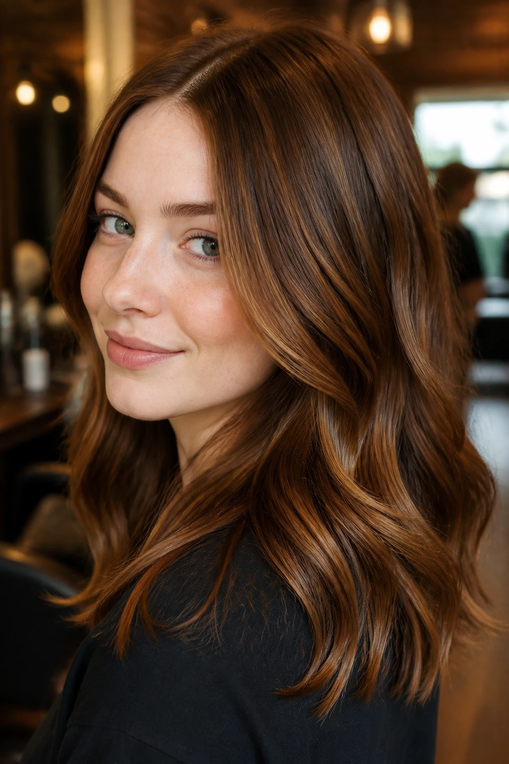 Close-up portrait of a real woman with maple brown gloss hair on pale skin, warm window light
