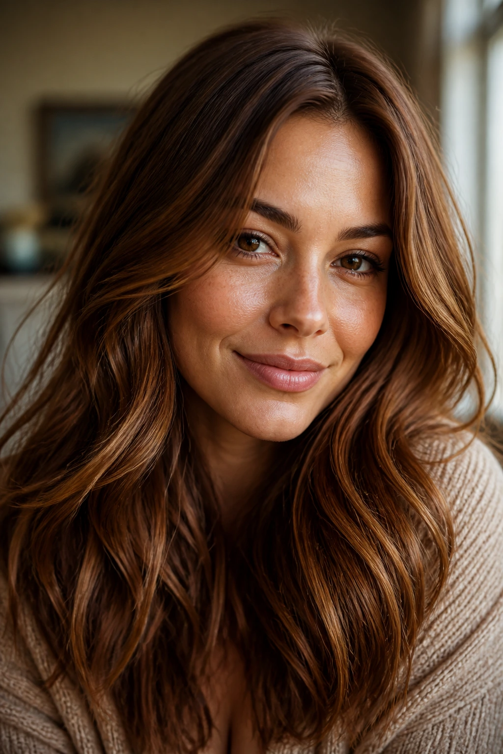Close-up of real person with maple brown hair and warm undertones