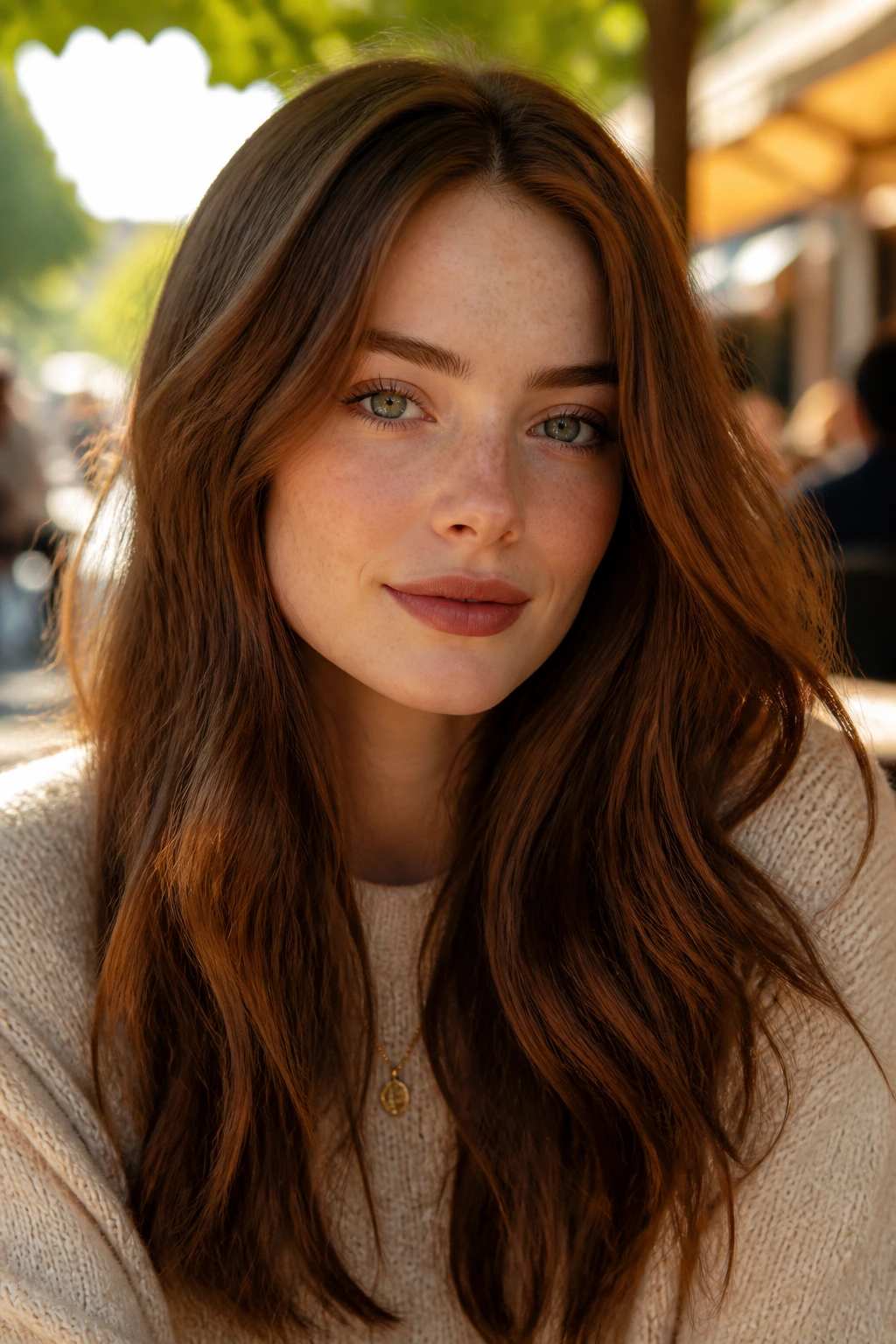 Close-up of a real woman with Maple Brown hair in sunlit outdoor setting