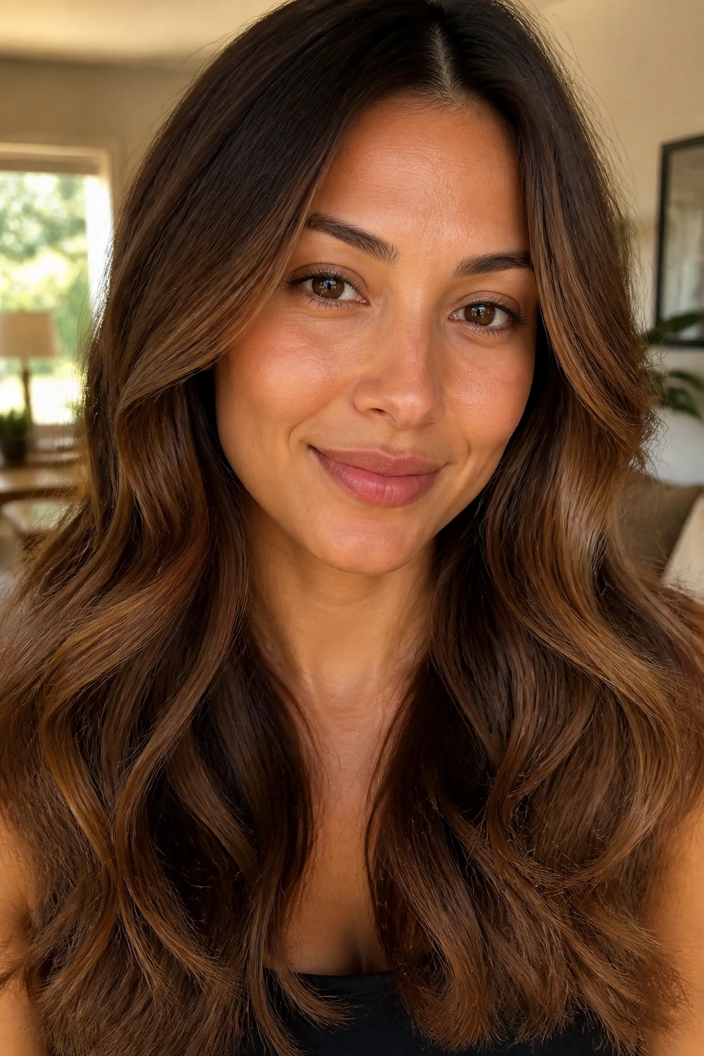 Close-up of a woman with Maple Brown hair in soft waves in warm daylight