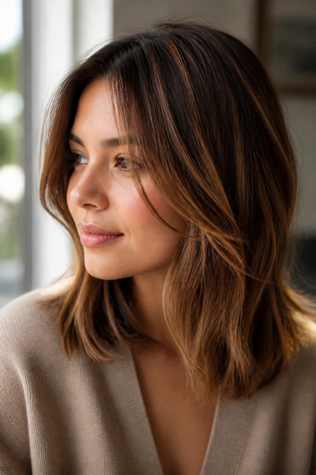 Portrait showing maple brown slices along mid-lengths for a soft autumn look