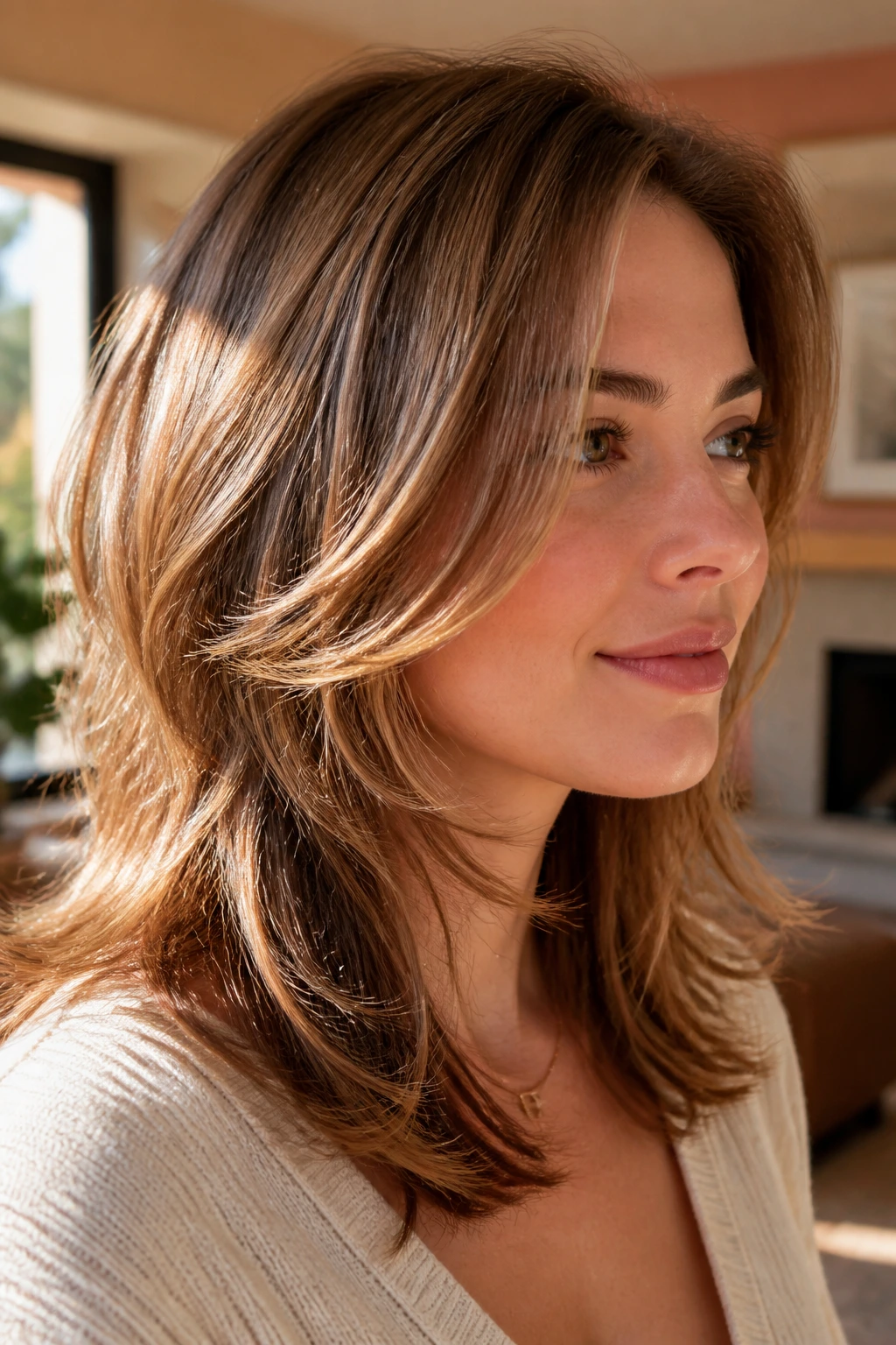 Close-up portrait of a real woman with maple brown layered hair in warm window light