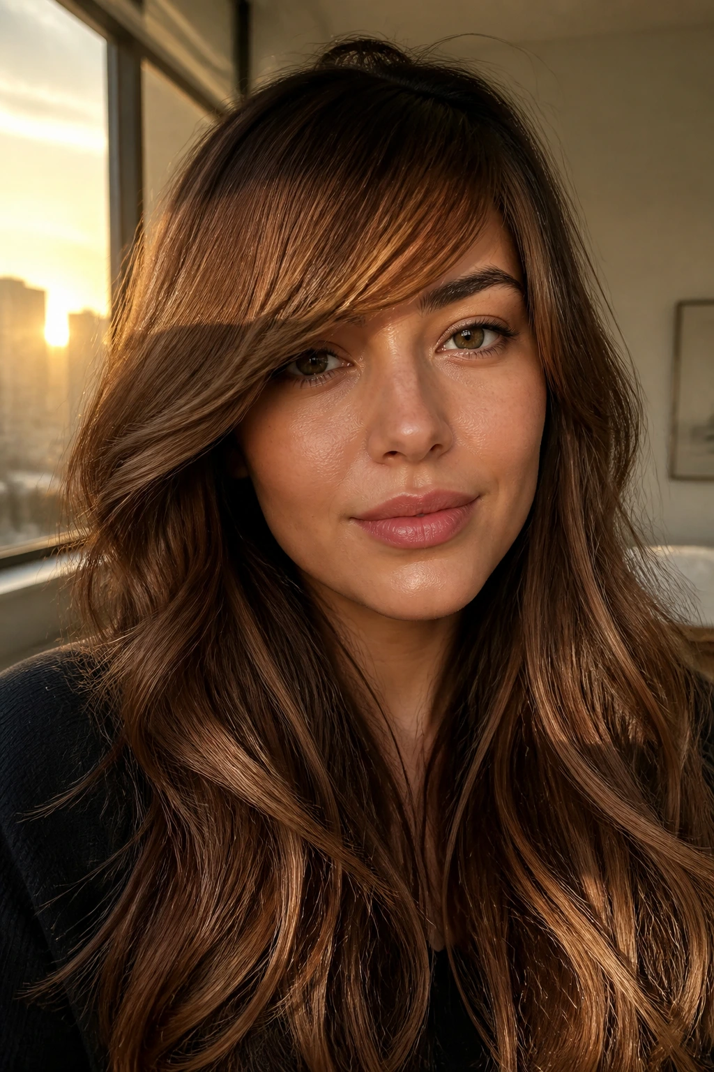 Close-up of brunette with maple brown melt from roots to ends in golden hour light