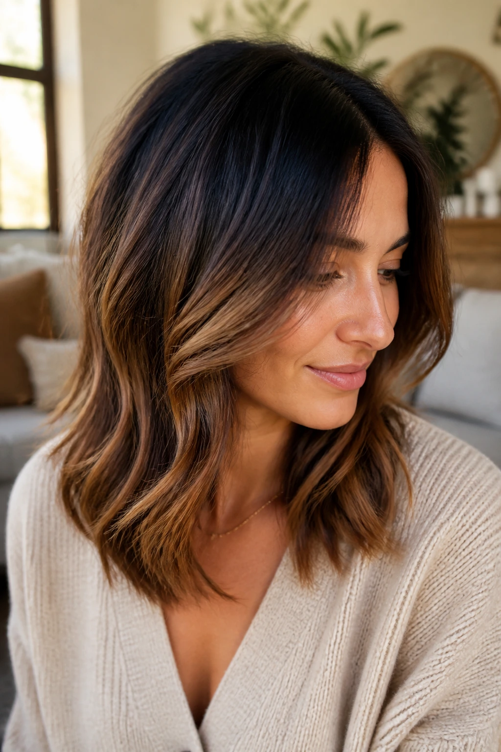 Close-up of a real woman with maple brown melt hair showing deep roots and maple caramel mid-lengths