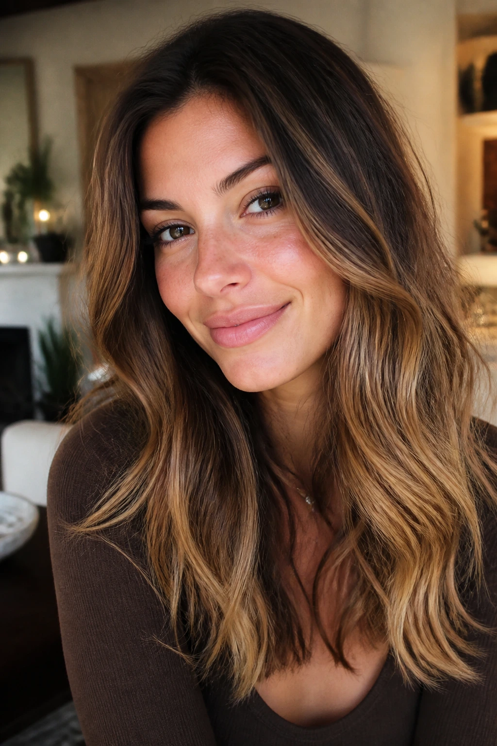 Portrait highlighting maple brown melt with a natural root shadow and warm midlength to ends