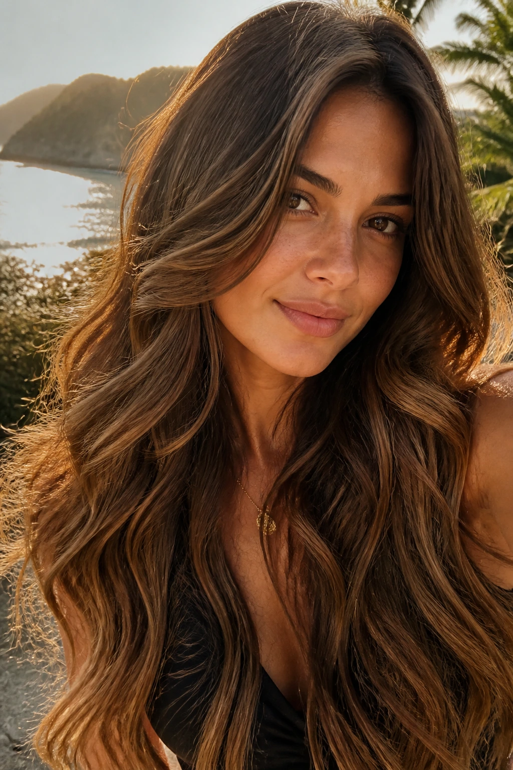 Close-up of a woman with maple brown mermaid-length hair in golden hour light