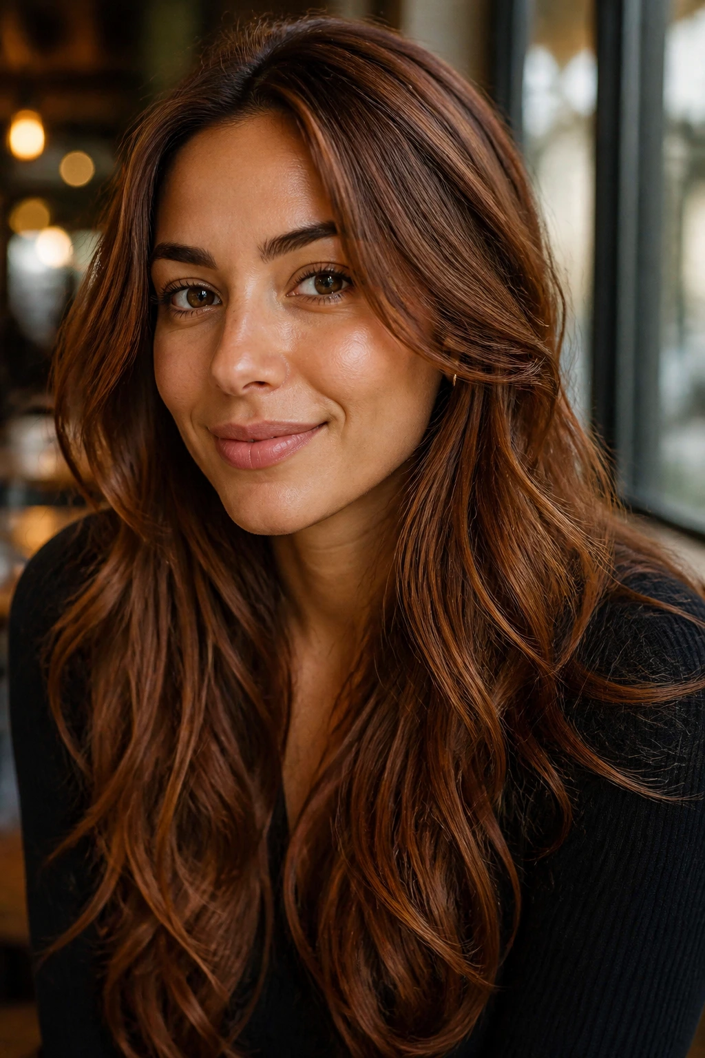 Close-up portrait of a woman with maple brown hair and muted warmth by a sunlit cafe window