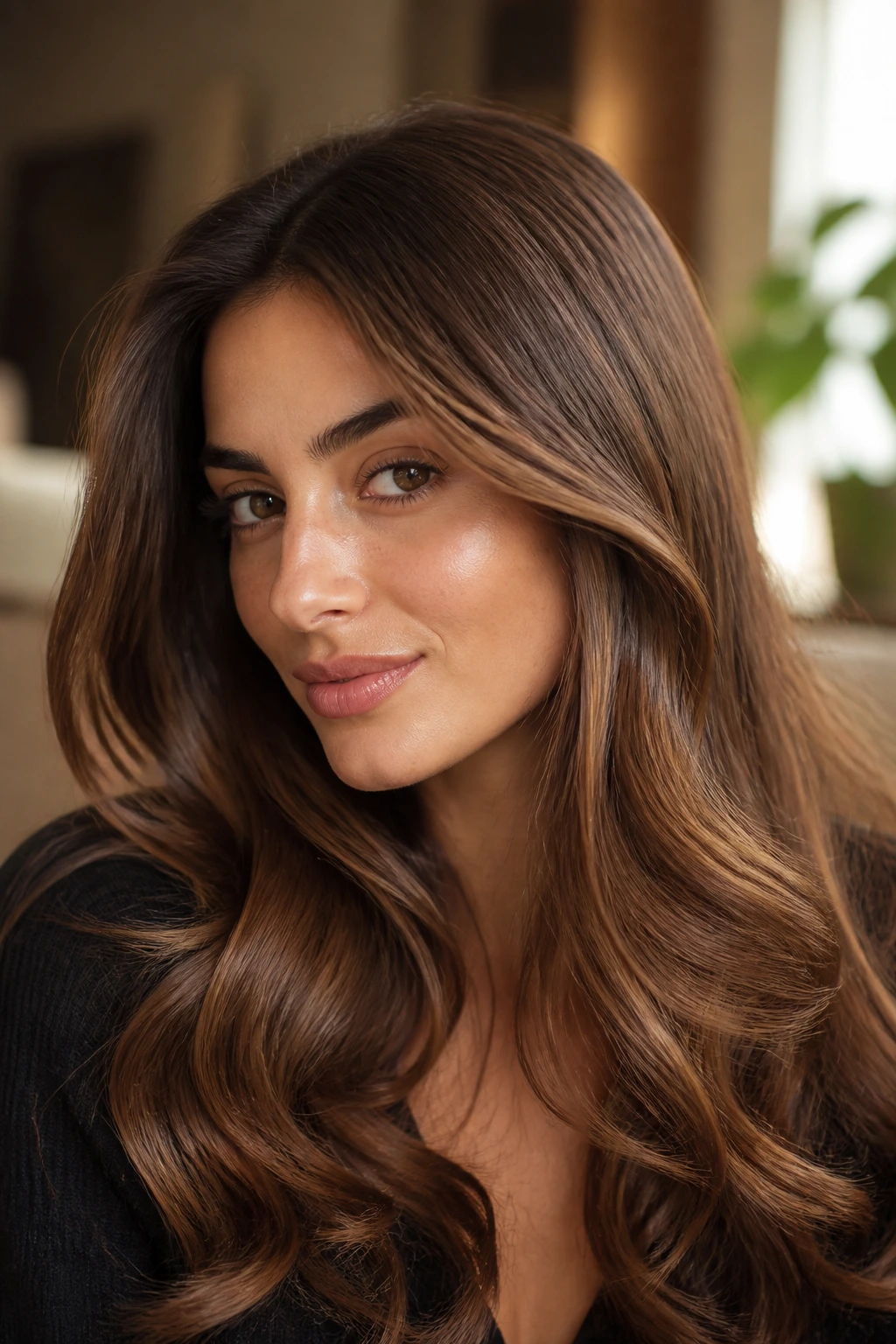 Close-up portrait of olive-skin woman with Maple Brown Shine glossy hair in warm window light