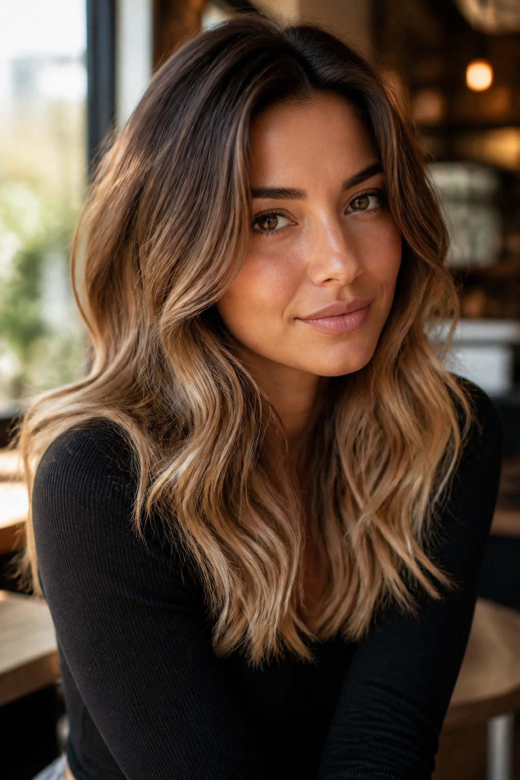 Close-up portrait of a real woman with Maple Brown to Toasted Oat Ombre on wavy hair