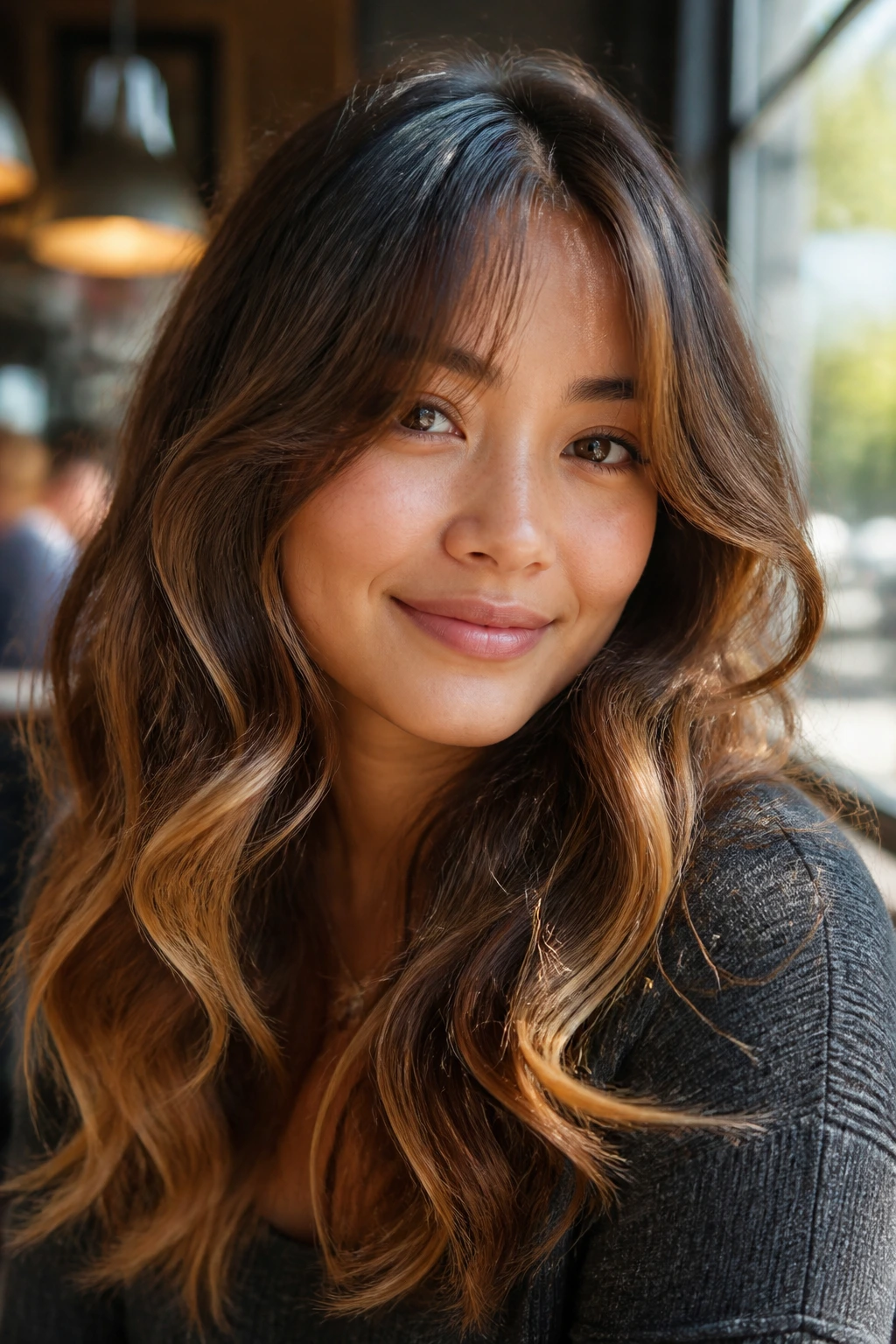 Close-up of maple brown hair with a gold edge and soft waves and curtain bangs.