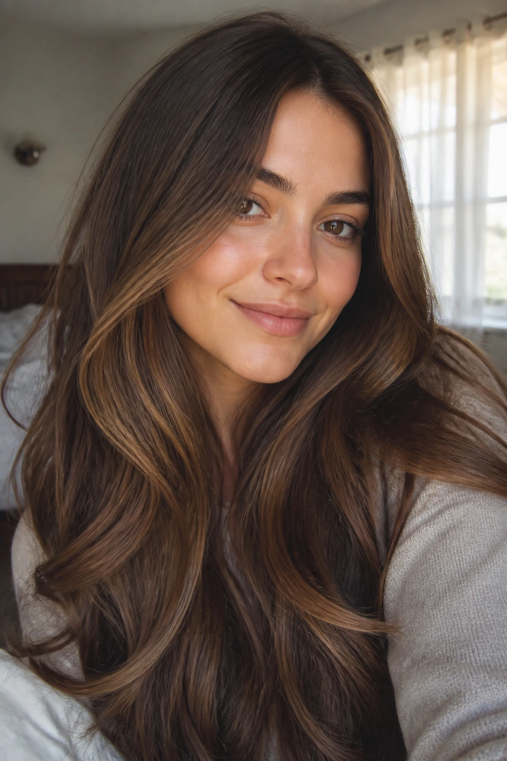 Close-up of maple brunette hair with low-contrast caramel highlights on long hair.