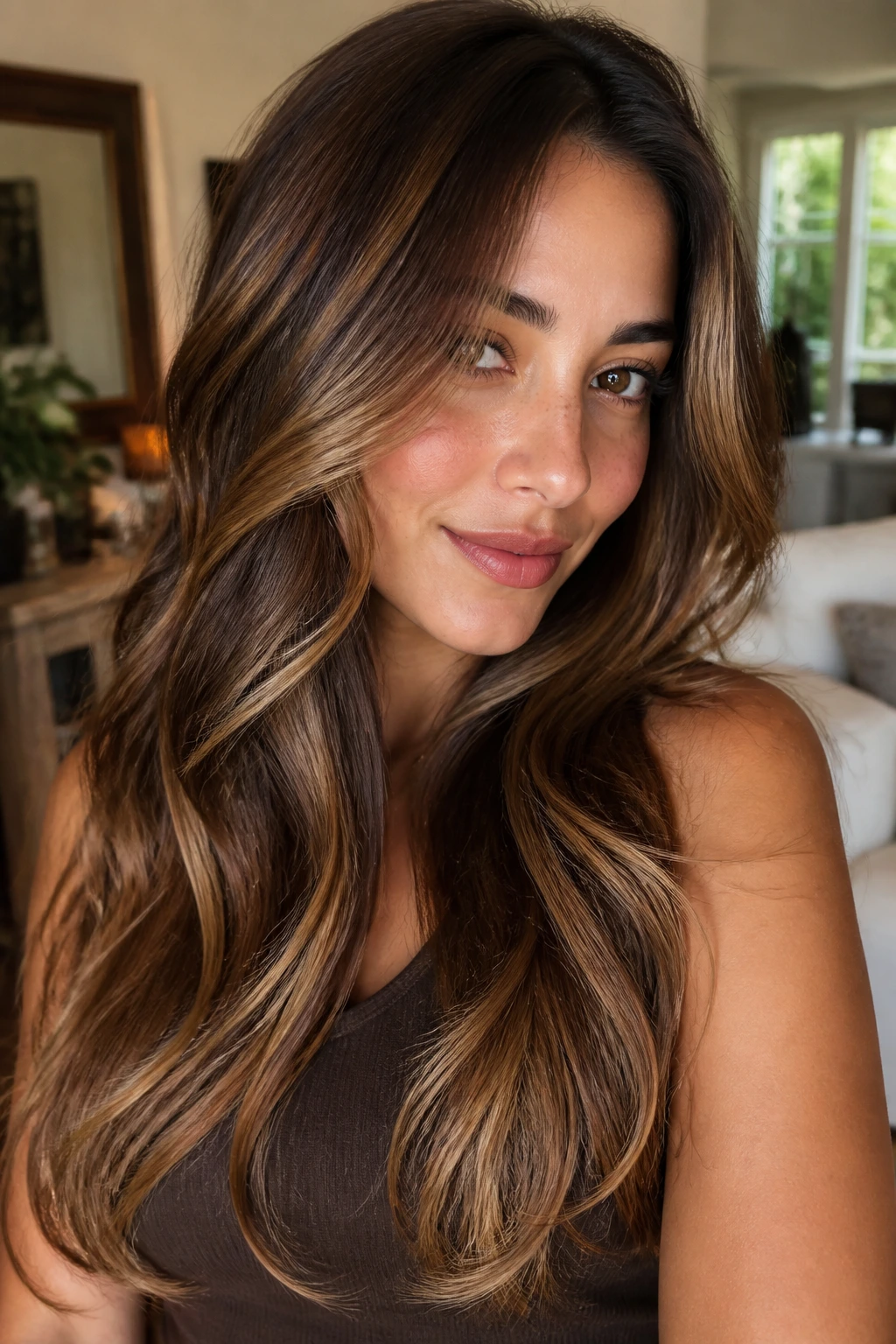 Maple brunette with layered lowlights and lights showing depth