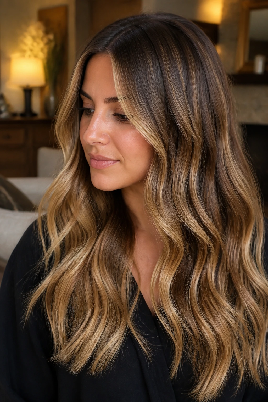 Close-up brunette with maple butter babylights, warm creamy ends.