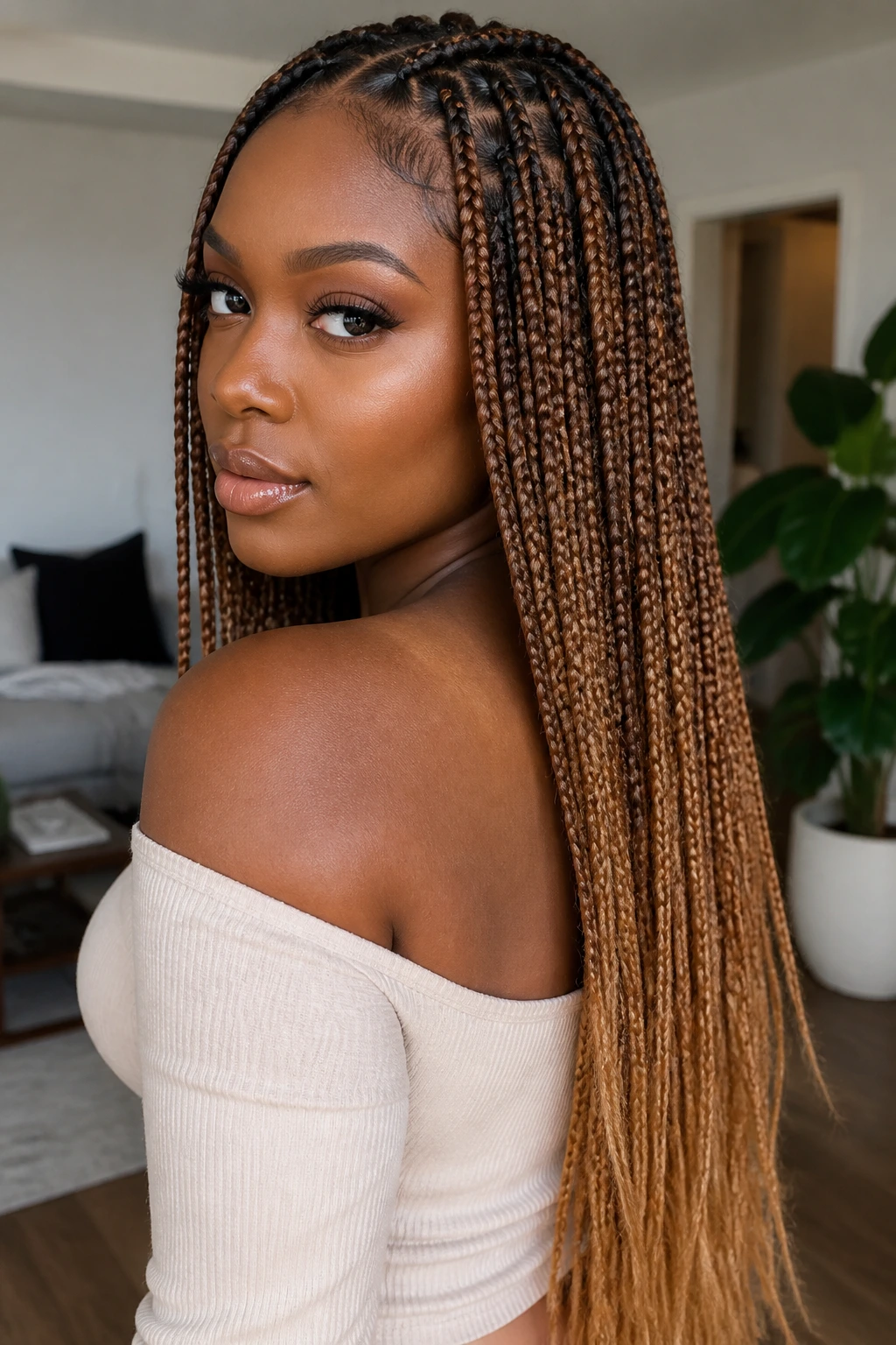 Portrait of a person wearing maple-caramel knotless braids