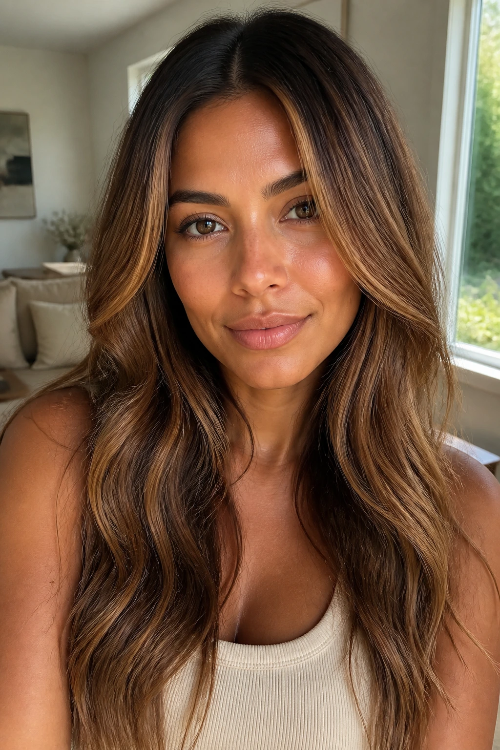 Portrait of a person with middle-part maple caramel melt hair