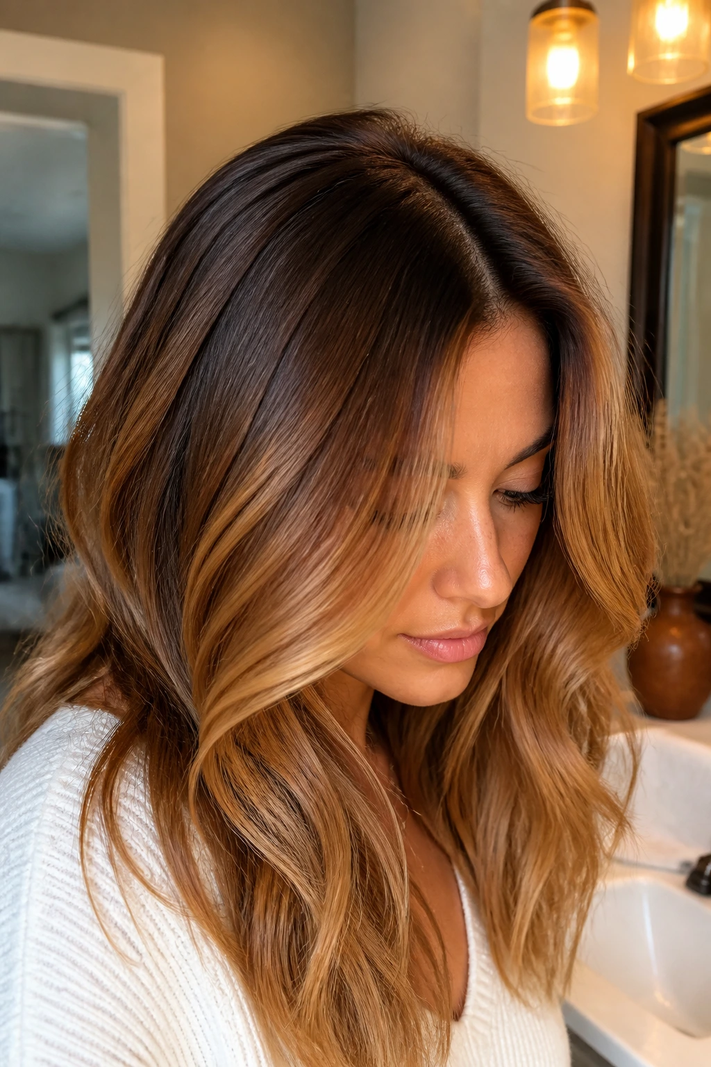 Close-up of hair with deep root shadow and maple caramel mids