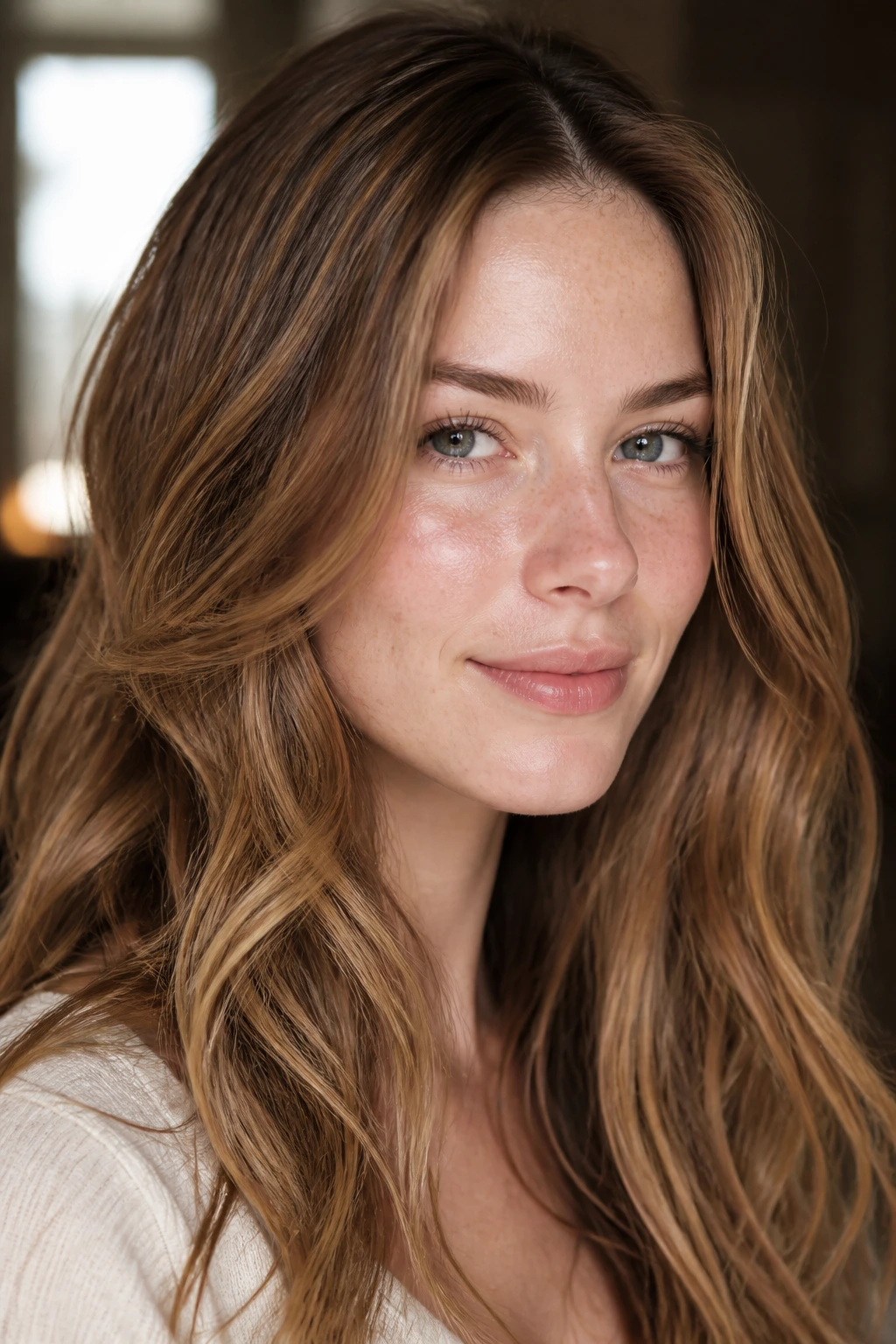 Portrait of hair in maple caramel shade for neutral undertones with soft lighting