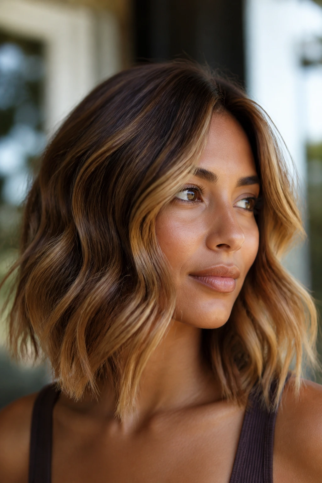 Close-up of a real person with maple-caramel highlights on a wavy lob