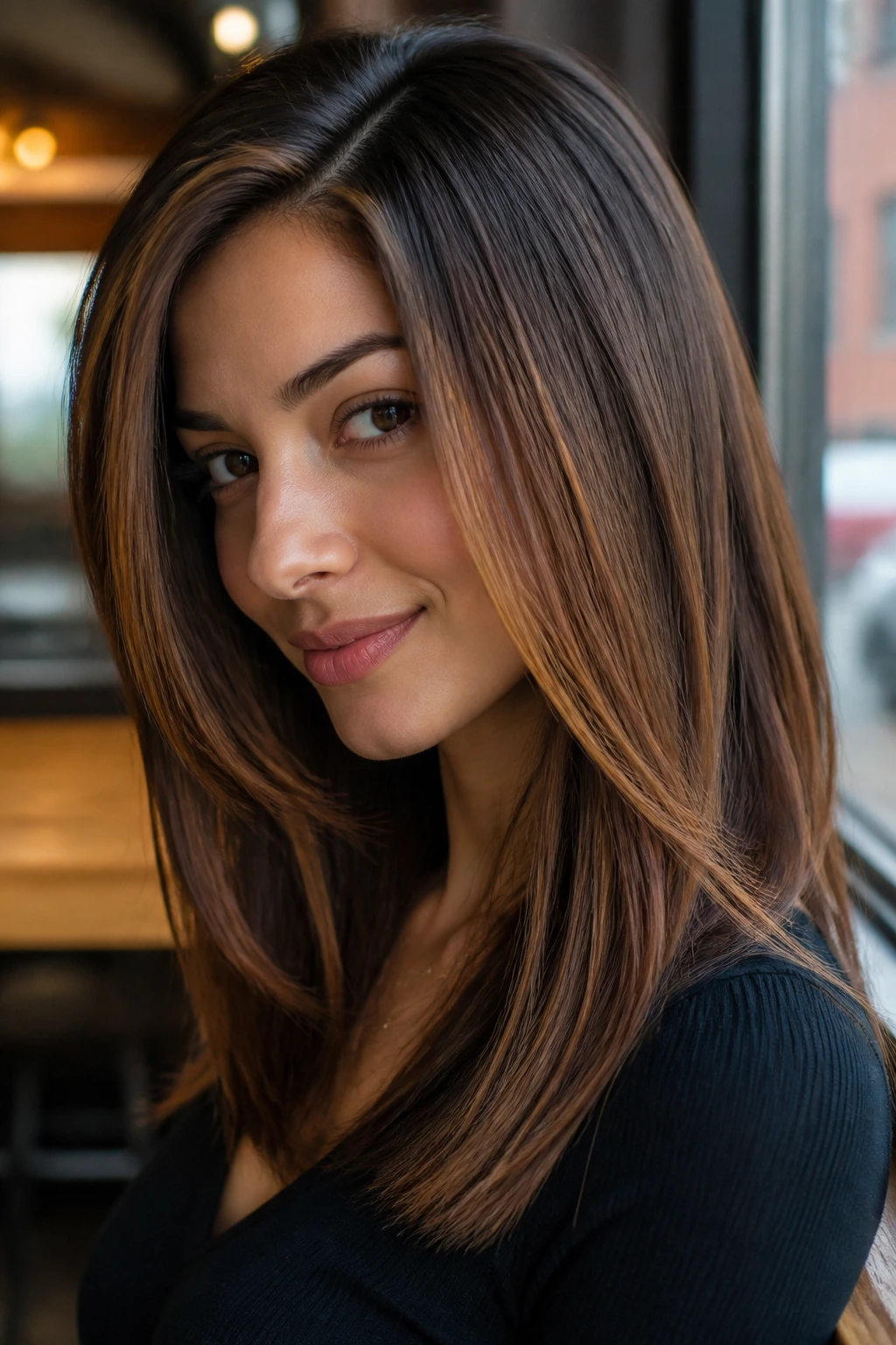 Close-up of maple chestnut blend hair with side-parted straight hair on olive skin