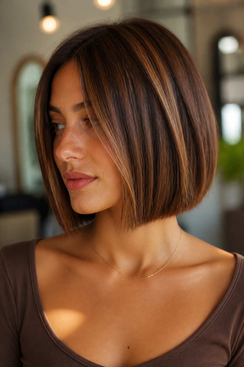 Portrait of brunette with maple chestnut contrast hair