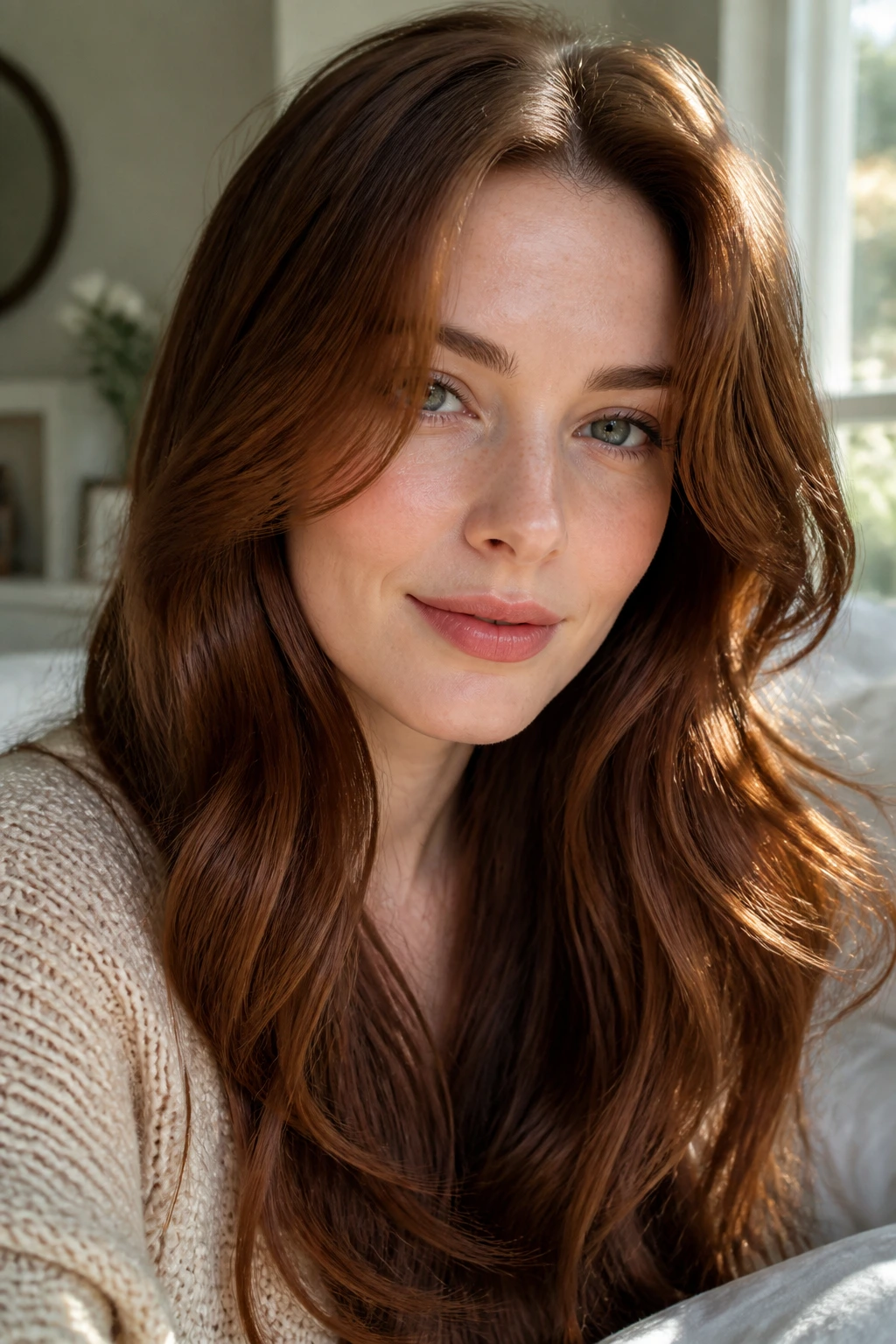 Close-up portrait of a real person with glossy maple chestnut hair in warm window light