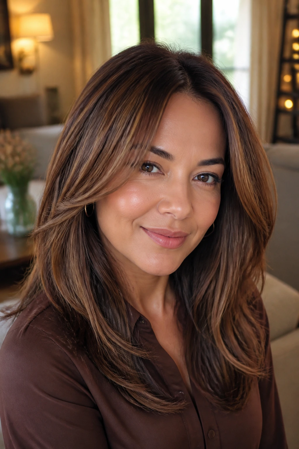 Close-up of real woman with Maple-Cocoa Dimension hair showing amber glow