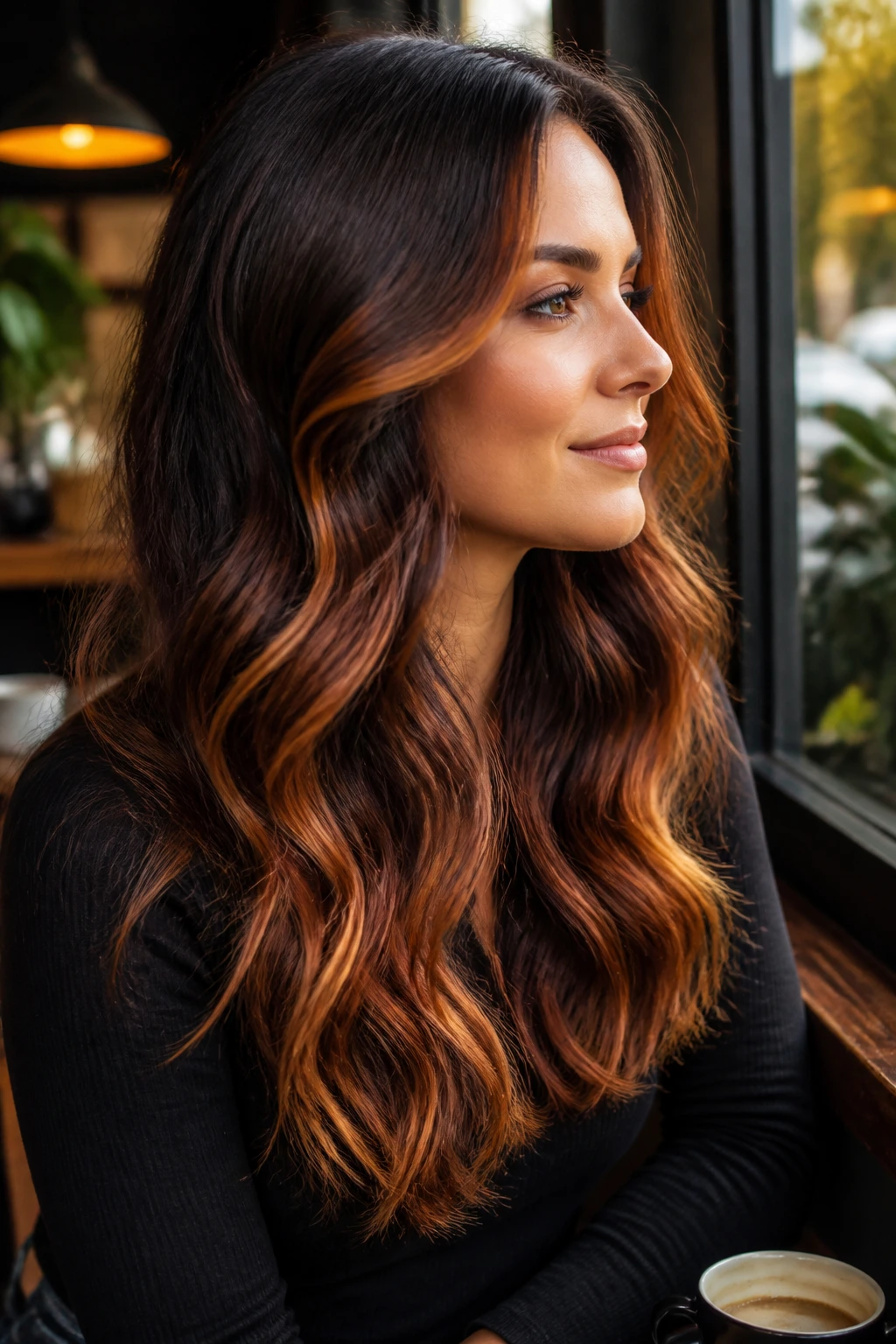 Close-up of real woman with maple-copper contour balayage framing the face